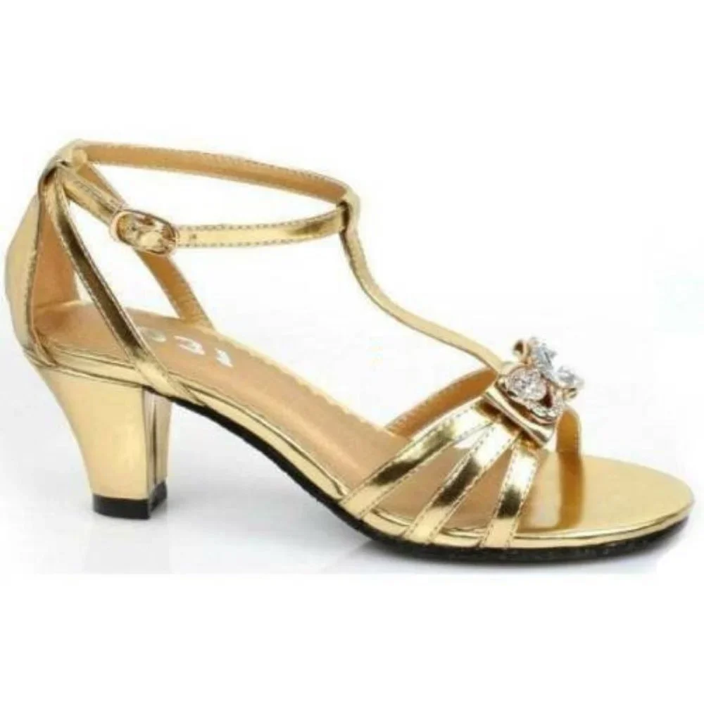 Princess Dress Up Shoes Gold 4/5 Low Block Heels T-Strap Halloween Sandals Girls